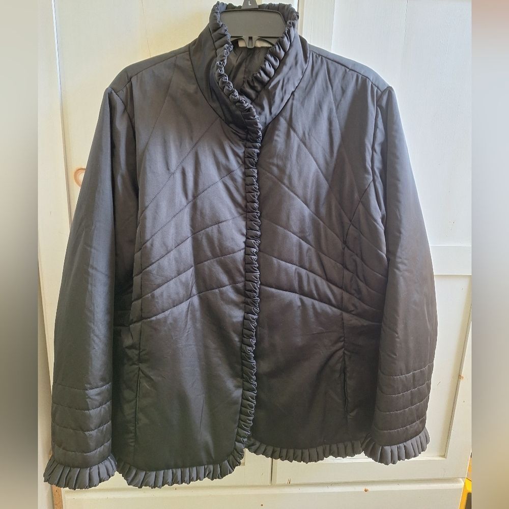 Roamans L Black Quilted Ruffle Winter Jacket